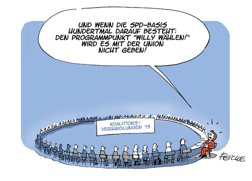 Cartoon: Basiswille (medium) by FEICKE tagged bundestag,wahl,koalition,verhandlung,spd,cdu,union,csu,merkel,kanzler,willy,brandt,basis,befragung,umfrage,bundestag,wahl,koalition,verhandlung,spd,cdu,union,csu,merkel,kanzler,willy,brandt,basis,befragung,umfrage