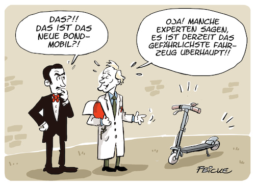 Cartoon: Bondmobil E (medium) by FEICKE tagged scooter,james,bond,verkehr,fahrzeug,auto,gesetz,elektro,roller,experte,scooter,james,bond,verkehr,fahrzeug,auto,gesetz,elektro,roller,experte