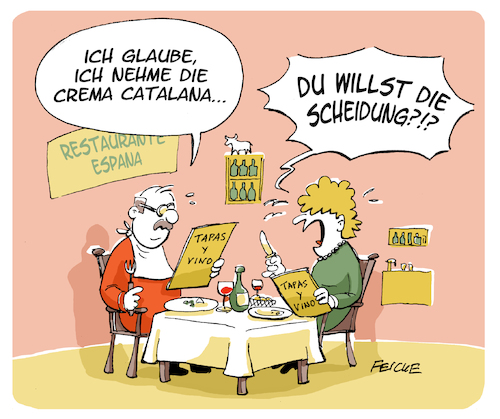 Cartoon: Crema catalana (medium) by FEICKE tagged katalonien,spanien,scheidung,spaltung,liebe,politik,katalonien,spanien,scheidung,spaltung,liebe,politik