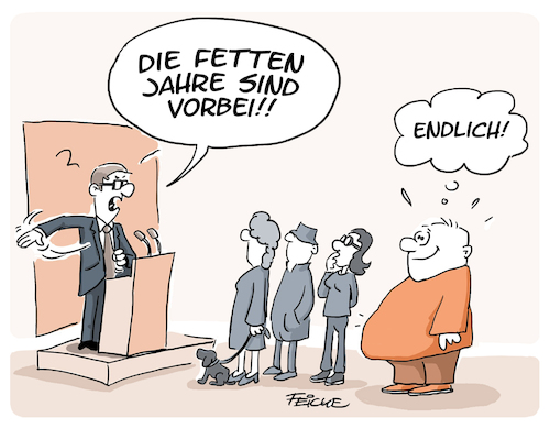 Cartoon: Die fetten Jahre (medium) by FEICKE tagged sprichwort,fett,jahre,diät,konjunktur,wirtschaft,gewicht,sprichwort,fett,jahre,diät,konjunktur,wirtschaft,gewicht