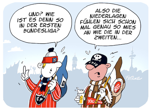 Cartoon: Erste Erstligaerfahrungen HSV FC (medium) by FEICKE tagged hamburg,aufstieg,fc,sp,fcsp,st,pauli,hsv,gefühle,bundesliga,zwei,verein,sportverein,fussball,fußball,hamburg,aufstieg,fc,sp,fcsp,st,pauli,hsv,gefühle,bundesliga,zwei,verein,sportverein,fussball,fußball