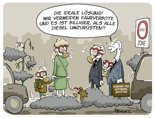 Cartoon: Fahrverbot Lösung (medium) by FEICKE tagged diesel,abgas,skandal,umrüstung,kosten,stadt,sperrzone,verkehr,umwelt,fahrverbot,diesel,abgas,skandal,umrüstung,kosten,stadt,sperrzone,verkehr,umwelt,fahrverbot