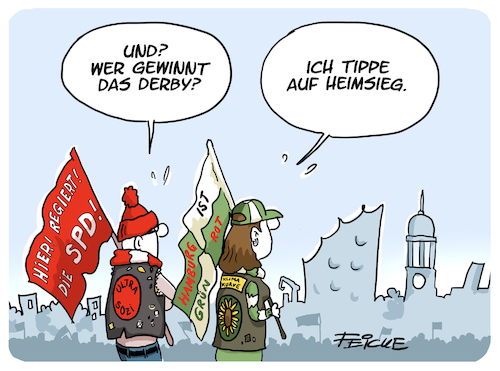 Cartoon: Hamburger Politderby (medium) by FEICKE tagged hamburg,fußball,wahl,grüne,spd,sozialdemokraten,fegebank,tschentscher,derby,stadt,hsv,hamburger,sportverein,fc,st,pauli,liga,fussball,hamburg,fußball,wahl,grüne,spd,sozialdemokraten,fegebank,tschentscher,derby,stadt,hsv,hamburger,sportverein,fc,st,pauli,liga,fussball