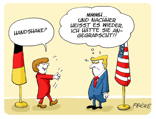 Cartoon: Handshake (medium) by FEICKE tagged trump,merkel,gipfel,treffen,hand,shake,verweigert,trump,merkel,gipfel,treffen,hand,shake,verweigert