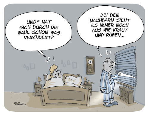 Cartoon: Nach der Wahl - Nachbarn (medium) by FEICKE tagged nachbarn,bundestag,parlament,wahl,politik,parteien,demokratie,nachbarn,bundestag,parlament,wahl,politik,parteien,demokratie