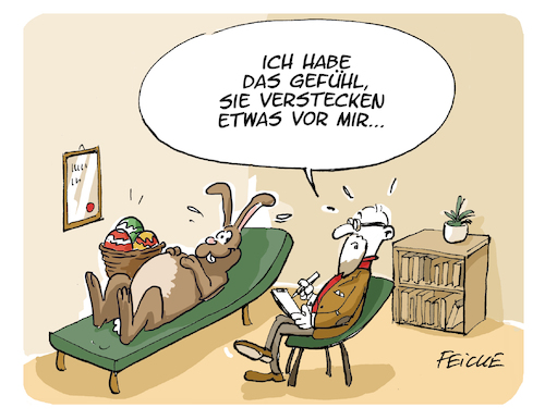 Cartoon: Osterhase beim Therapeuten (medium) by FEICKE tagged ostern,hase,osterhase,eier,verstecken,therapie,psychologe,psychiater,ostern,hase,osterhase,eier,verstecken,therapie,psychologe,psychiater