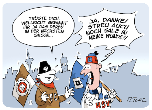 Cartoon: Salz in die Wunde (medium) by FEICKE tagged hamburg,fussbaall,zweite,bundesliga,hsv,hamburger,sportverein,fc,st,sankt,pauli,derby,nichtaufstieg,hamburg,fussbaall,zweite,bundesliga,hsv,hamburger,sportverein,fc,st,sankt,pauli,derby,nichtaufstieg