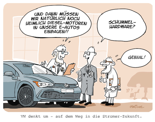 Cartoon: Schummelhardware (medium) by FEICKE tagged vw,volkswagen,schummel,strom,stromer,elektroauto,eauto,zukunft,technik,ingenieur,vw,volkswagen,schummel,strom,stromer,elektroauto,eauto,zukunft,technik,ingenieur