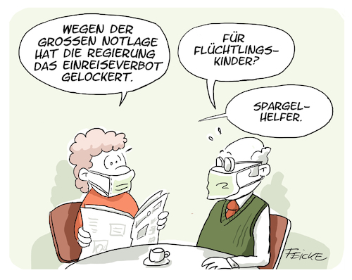 Cartoon: Spargelhelfer (medium) by FEICKE tagged spargel,corona,verbot,ausnahme,abstand,einreise,flüchtlinge,lesbos,europa,krise,spargel,corona,verbot,ausnahme,abstand,einreise,flüchtlinge,lesbos,europa,krise