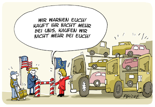 Cartoon: Strafzölle (medium) by FEICKE tagged usa,amerika,trump,merkel,strafzölle,handelskrieg,auto,export,import,whiskey,usa,amerika,trump,merkel,strafzölle,handelskrieg,auto,export,import,whiskey