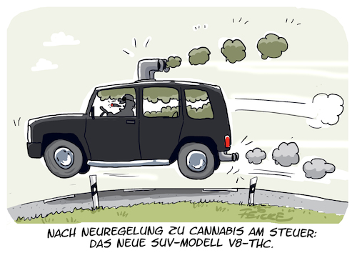 Cartoon: SUV-Modell V8 THC (medium) by FEICKE tagged auto,stvo,straßenverkehr,verkehr,regeln,cannabis,thc,droge,betäubungmittel,gesundheit,politik,regierung,kiffen,freigabe,sicherheit,auto,stvo,straßenverkehr,verkehr,regeln,cannabis,thc,droge,betäubungmittel,gesundheit,politik,regierung,kiffen,freigabe,sicherheit