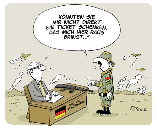 Cartoon: Ticket hier raus (medium) by FEICKE tagged türkei,kurden,krieg,syrien,irak,is,verkäufe,waffen,peschmerga,bundeswehr,bundeswehr,peschmerga,waffen,verkäufe,is,irak,syrien,krieg,kurden,türkei