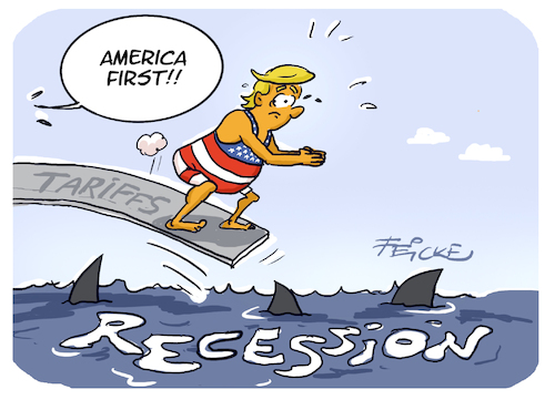 Cartoon: Trump Recession first ENGLIS (medium) by FEICKE tagged trump,tariffs,canada,recession,economics,mexico,china,trump,tariffs,canada,recession,economics,mexico,china