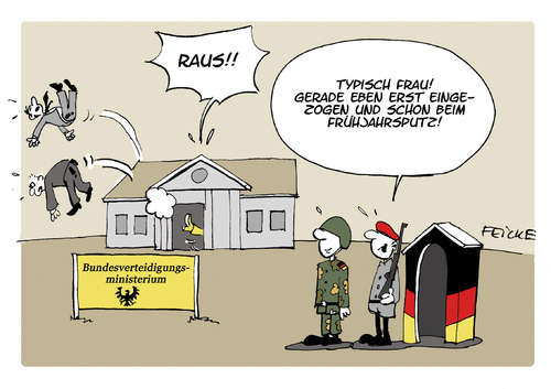 Cartoon: Von der Leyen Fruehjahrsputz (medium) by FEICKE tagged bundes,verteidigung,minister,ursula,von,der,leyen,bundeswehr,rauswurf,staatssekretaer,bundes,verteidigung,minister,ursula,von,der,leyen,bundeswehr,rauswurf,staatssekretaer