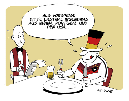 Cartoon: WM Vorspeise (medium) by FEICKE tagged wm,weltmeisterschaft,vorrunde,gruppe,dfb,nationalelf,wm,weltmeisterschaft,vorrunde,gruppe,dfb,nationalelf