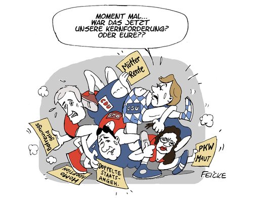 Cartoon: Zähes Ringen (medium) by FEICKE tagged bundestag,wahl,koalition,verhandlung,cdu,csu,spd,merkel,seehofer,gabriel,nahles,mütterrente,rente,adoption,homo,pkw,maut,betreuungsgeld,bundestag,wahl,koalition,verhandlung,cdu,csu,spd,merkel,seehofer,gabriel,nahles,mütterrente,rente,adoption,homo,pkw,maut,betreuungsgeld