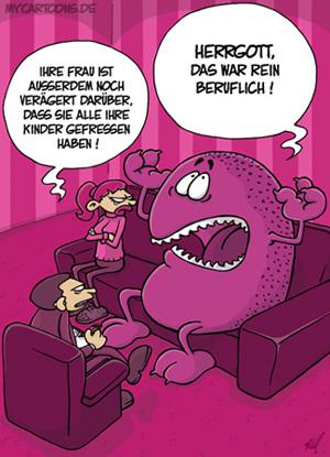 Cartoon: Monster-Problem (medium) by mil tagged monster,beziehung,mann,frau,therapie,paartherapie,job,arbeit,ärger,berufsbedingt,mil