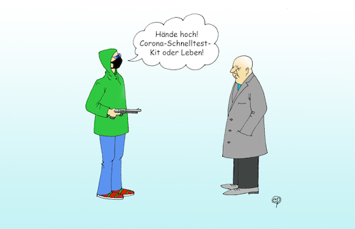 Cartoon: Corona-Überfall (medium) by Erwin Pischel tagged mundnasenschutz,maske,covid,corona,pandemie,schutzmaßnahmen,epidemie,ffp,hände,hoch,schnelltest,schnelltestkit,kit,test,selbsttest,testzentrum,impfzentrum,infektion,gesundheit,überfall,revolver,pistole,schusswaffe,kriminalität,hoodie,verkauf,kauf,inzidenz,antigentest,antigen,antikörper,angebot,nachfrage,einkauf,vermarktung,markt,lockdown,shutdown,pischel