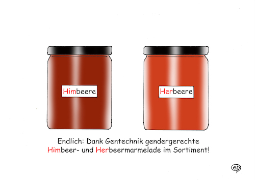 Cartoon: Himbeere und Herbeere (medium) by Erwin Pischel tagged himbeere,herbeere,himbeerfrucht,frucht,obst,marmelade,konfitüre,pflanze,rubres,rosengewächs,züchtung,gentechnik,technik,gen,erbgut,gentechnologie,strauch,brombeere,johannisbeere,wochenmarkt,markt,einkauf,warenregal,sortiment,warenangebot,ware,aufstrich,geschlechtergerecht,sprache,englisch,pronomen,fürwort,gendersprache,gleichbehandlung,frau,mann,geschlecht,gleichstellung,personenbezeichnung,person,binäre,geschlechtsordnung,gendergerecht,gendersensibel,gendern,sexistisch,feminin,maskulin,generisches,maskulinum,diskreminierung,neuerung,übersetzung,sortenvielfalt,pischel