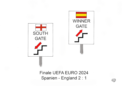 Cartoon: Spanisches Winnergate (medium) by Erwin Pischel tagged spanien,england,final,finale,uefa,euro,2024,southgate,winner,gewinner,sieger,verlierer,fußball,football,soccer,three,lions,furia,roja,europameisterschaft,championship,trophäe,cup,pokal,titel,sehnsucht,warten,erlösung,heilserwartung,erlösungserwartung,scheitern,trainer,mannschaft,yamal,kane,triumph,turniersieg,turnier,wettkampf,kampfspiel,erster,zweiter,vize,pischel