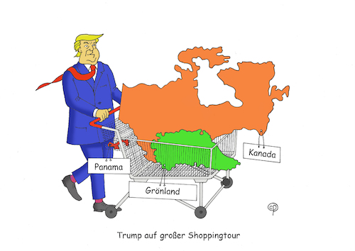 Cartoon: Trumps Shoppingtour (medium) by Erwin Pischel tagged trump,dänemark,grönland,usa,staatsgrenze,präsident,okkupation,besetzung,gebiet,gebietshoheit,machthaber,extern,militär,invasion,politik,völkerrecht,territorium,eroberung,annexion,besatzungsgebiet,besatzungszone,unabhängigkeit,freiheit,staat,inbesitznahme,kolonialisierung,imperialismus,expansion,souverän,souveränität,vertrag,staatsvertrag,raub,vertragsbruch,krieg,auseinandersetzung,konflikt,friedensgefährdung,diebstahl,einkaufswagen,einkauf,krawatte,shoppingttour,shopping,tour,pischel