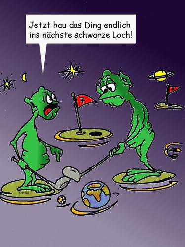 Cartoon: Alien Golf (medium) by wista tagged aliens,alien,golf,erde,schwarze,löcher,loch,einlochen,golfplatz,weltall,ausserirdische,spielen,weltuntergang,zerstören,planeten,katastrophe,sterne,himmel