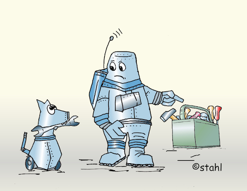 Cartoon: Apportieren (medium) by wista tagged apportieren,hund,erziehung,computer,ki,roboter,roboterhund,werkzeug,hammer,schraubenschlüssel,apportieren,hund,erziehung,computer,ki,roboter,roboterhund,werkzeug,hammer,schraubenschlüssel