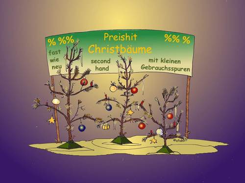 Cartoon: Christbaum second hand (medium) by wista tagged verkauf,verkaufen,weihnachten,tannenbaum,weihnachtsbaum,christbaum,second,hand,gebraucht,gebrauchsspuren,wiederverkauf,wert,wiederverkaufswert,gebrauchte,möbel,billig,günstig,prozente,nachlass