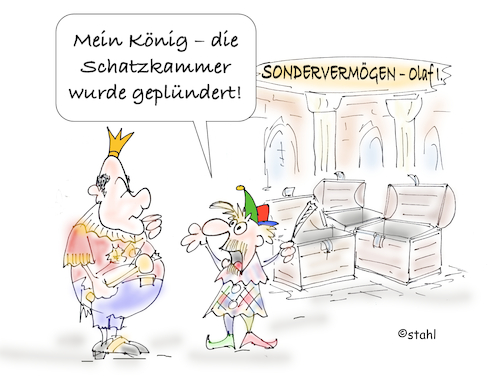 Cartoon: Sondervermögen (medium) by wista tagged sondervermögen,schatzkammer,könig,narr,olaf,scholz,bund,schulden,bundesverfassungsgericht,urteil,lindner,kanzler,finanzminister,haushalt,schattenhaushalt,schuldenbremse,geld,gold,truhe,sondervermögen,schatzkammer,könig,narr,olaf,scholz,bund,schulden,bundesverfassungsgericht,urteil,lindner,kanzler,finanzminister,haushalt,schattenhaushalt,schuldenbremse,geld,gold,truhe