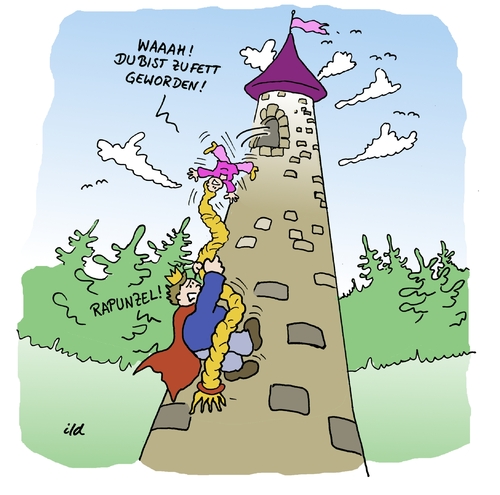 Cartoon: Rapunzel - zu fett (medium) by achecht tagged rapunzel,prinz,fett,dick,abnehmen,gewicht,diät,märchen,rapunzel,prinz,fett,dick,abnehmen,gewicht,diät,märchen