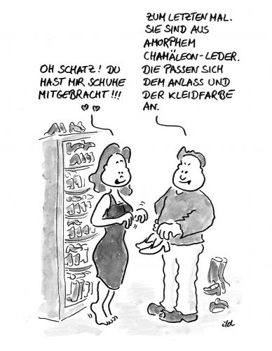 Cartoon: Schuhe mitgebracht (medium) by achecht tagged schuh,schuhe,schuhtick,frau,mann,beauty,schuh,schuhtick,frau,mann,sammler,funktionalität,nutzen,chamäleon,haut,reptil,geschenk,einkauf,verbraucher,markt,handel,geschlechter,unterschied,anzahl,masse,qualität,ästhetik,desinteresse