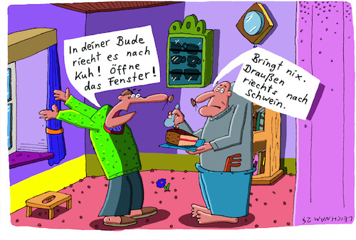 Cartoon: Bude (medium) by Leichnam tagged bude,kuh,schwein,geruch,draußen,innen,wohnung,leichnam,leichnamcartoon