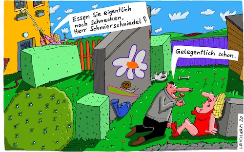 Cartoon: Mal nachgefragt (medium) by Leichnam tagged nachbarin,nachgefragt,leichnam,leichnamcartoon,essen,schnecken,weinbergschnecken,schmierschniedel,gelegentlich,löffeln,dame,kriminell,garten