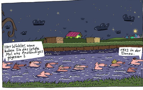 Cartoon: Unterwegs (medium) by Leichnam tagged unterwegs,wasser,fluss,schwimmer,schwimmfreunde,schwimmfreaks,essen,speise,lange,her,1973,donau,leichnam,leichnamcartoon,herr,winkler