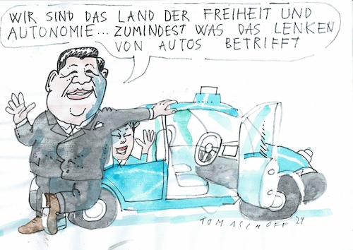 Cartoon: autonom (medium) by Jan Tomaschoff tagged china,diktatur,freiheit,auto,autonomes,fahren,china,diktatur,freiheit,auto,autonomes,fahren