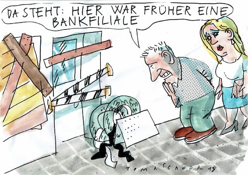 Cartoon: Bankensterben (medium) by Jan Tomaschoff tagged bank,misswirtschaft,filialenschließung,personalabbau,bank,misswirtschaft,filialenschließung,personalabbau