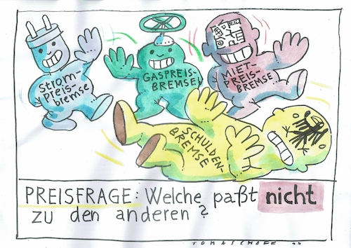 Cartoon: Bremse (medium) by Jan Tomaschoff tagged strom,gas,mieten,geld,bremsen,schulden,strom,gas,mieten,geld,bremsen,schulden