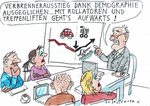 Cartoon: Demografie (medium) by Jan Tomaschoff tagged verbrenner,demografie,senioren,rollator,treppenlift,verbrenner,demografie,senioren,rollator,treppenlift