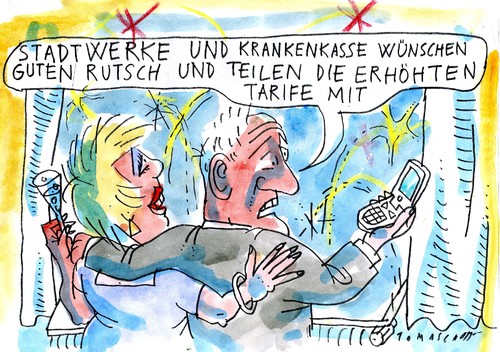 Cartoon: Guten Rutsch! (medium) by Jan Tomaschoff tagged neujahr,silvester,2012,krankenkassen,stadtwerke,gebühren,beiträge,silvester,2012,krankenkassen,stadtwerke,gebühren,beiträge,neujahr