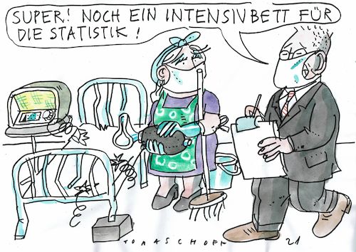 Cartoon: Intensivbett (medium) by Jan Tomaschoff tagged covid,krabkebhaus,intensivbett,statistik,geld,covid,krabkebhaus,intensivbett,statistik,geld