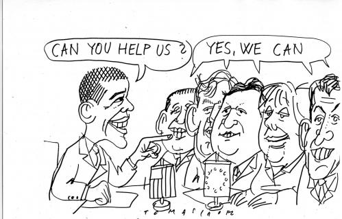 Cartoon: Obama and Europe (medium) by Jan Tomaschoff tagged obama,europe,barack obama,präsidentschaft,präsident,usa,amerika,weiße haus,washington,bündnis,bündnisse,versammlung,europa,eu,verhandlungen,teamwork,team,motivation,unterstützung,barack,obama,weiße,haus