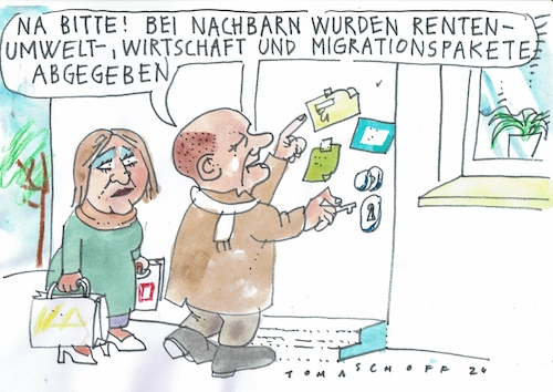 Cartoon: Pakete (medium) by Jan Tomaschoff tagged scholz,rente,wirtschaft,migration,scholz,rente,wirtschaft,migration