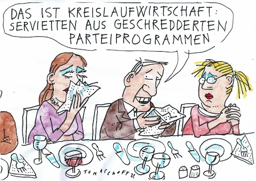 Cartoon: Recycling (medium) by Jan Tomaschoff tagged parteiprogramme,wahlversprechen,recycling,parteiprogramme,wahlversprechen,recycling