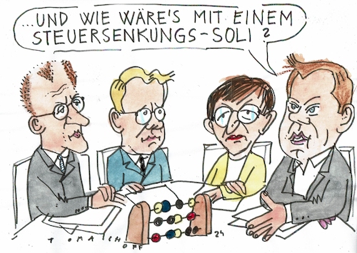 Cartoon: Soli (medium) by Jan Tomaschoff tagged merz,lindemann,esken,klingbeil,steuern,staatsfinanzen,soli,merz,lindemann,esken,klingbeil,steuern,staatsfinanzen,soli