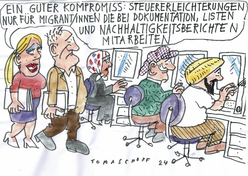 Cartoon: Steuererleichterung (medium) by Jan Tomaschoff tagged fachkräftemangel,migration,steuern,fachkräftemangel,migration,steuern