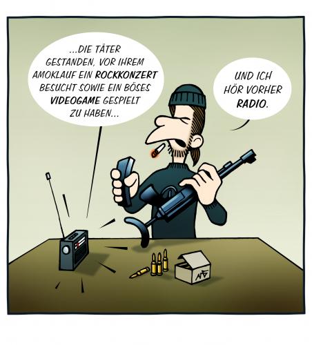 Cartoon: Amokradio (medium) by volkertoons tagged radio,amokläufer,gewaltspiele,medien,cartoon,humor,volkertoons,killerspiel,videospiel,spielsucht,computerspiel,computer,spiele,freizeit,unterhaltung,sucht,abhängigkeit,zensieren,unterhaltungskultur,politik,umstritten,prävention,jugendliche,jugend,kriminalität,verbrechen,amokläufer,erfurt,medien,technik,tat,täter,scharfschütze,terror,auslöser,erziehung,perspektive,psyche,psychologie,familie,massenmord,mord,verhalten,gesellschaft,verbot,amok,verbieten,schuld,killerspiel verbot,jugendschutz,fsk,gewalt,gewaltszene,jugendfreigabe,jugendfrei,agressionsauslöser,agressionsabbau,counterstrike,egoshooter,gewaltspiel,zensur