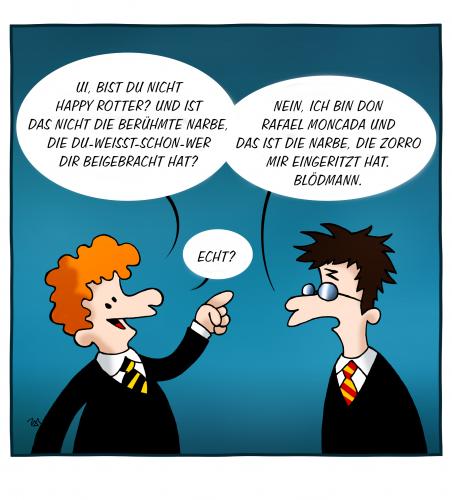 Cartoon: Fragen Fragen (medium) by volkertoons tagged cartoons,volkertoons,humor,harry,potter,zorro,film,kino,movie,parodie,fragen,harry potter,romanfigur,fantasy,kino,literatur,kinder,jugend,zauberer,zaubern,narbe,sarkasmus,harry,potter