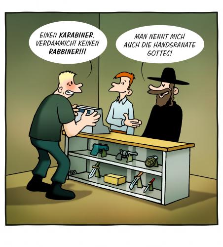 Cartoon: Karabiner (medium) by volkertoons tagged cartoons,volkertoons,humor,rabbi,waffen,gewehr,karabiner,wortspiel,karabiner,rabbi,gewehr,waffe,pistole,wortspiel,rabbiner,jude,judentum,titel,handel,verkauf,waffenhandel,geschäft,waffengeschäft,missverständnis,handgranate,gott,religion