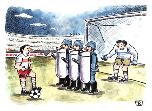 Cartoon: save goal (medium) by tchuntra tagged save,goal,fußball,sport,manschaft,fußballmannschaft,torschütze,torwart,tor,spieler,fußballspieler,sportler,freistoß,abwehr,angriff,polizei,polizisten,fairness,fair,unfair,fair play,play