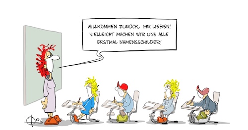 Cartoon: 20210222-Namensschild (medium) by Marcus Gottfried tagged schule,lockerung,schulöffnung,corona,covid,schule,lockerung,schulöffnung,corona,covid